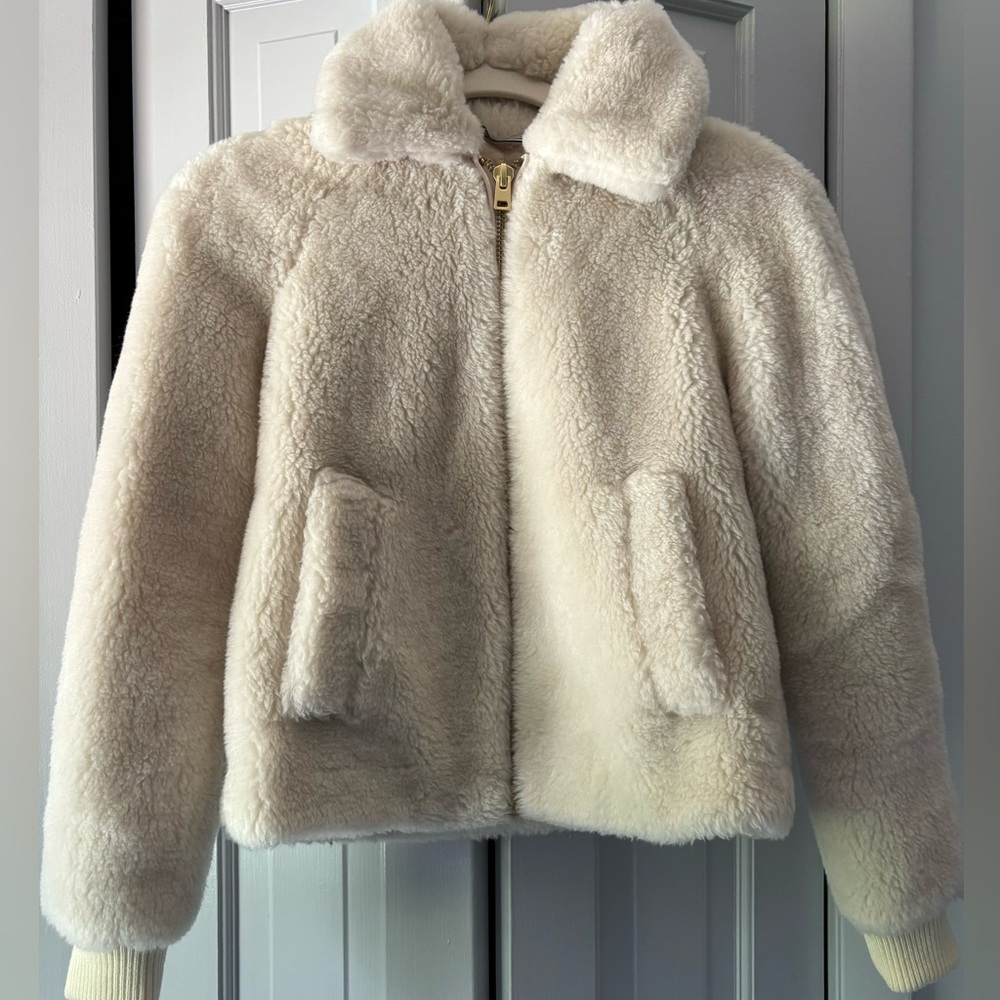 J.Crew Ivory bomber preloved jacket with cropped faux fur zip front size XXS.
